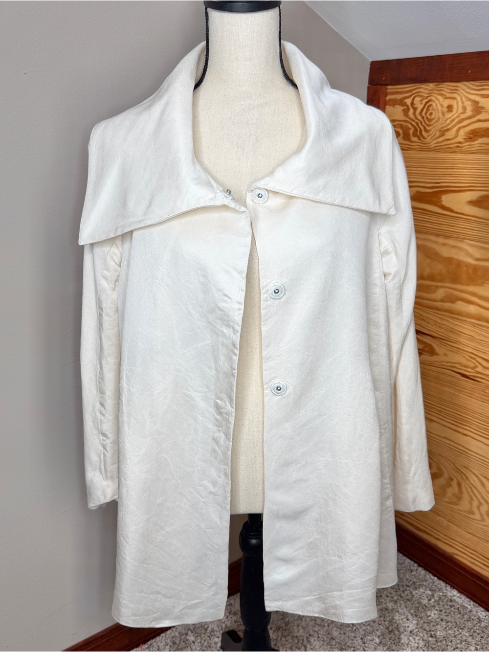 Lafayette 148 Silk Blend Wide Collar Button Up Swing Jacket Cream White Small S